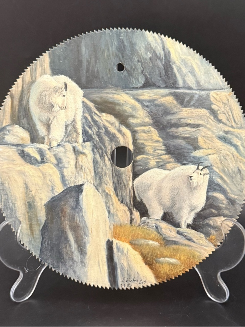 Vintage Hand Painted by Shirley Cox Mountain Goats Acrylic Painting on Saw Blade - Picture 2 of 11